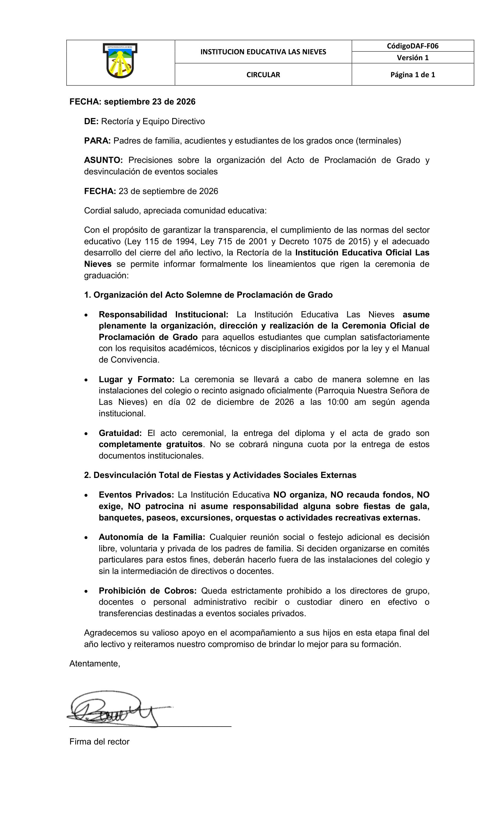 Circular de organización del Acto Solemne de Proclamación de Grado